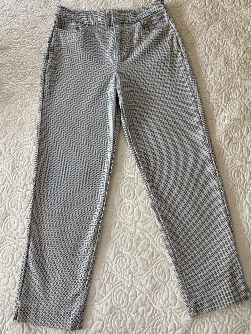 Elie Tahari Taupe Blue Daisy Micro-Pattern Dress Pants